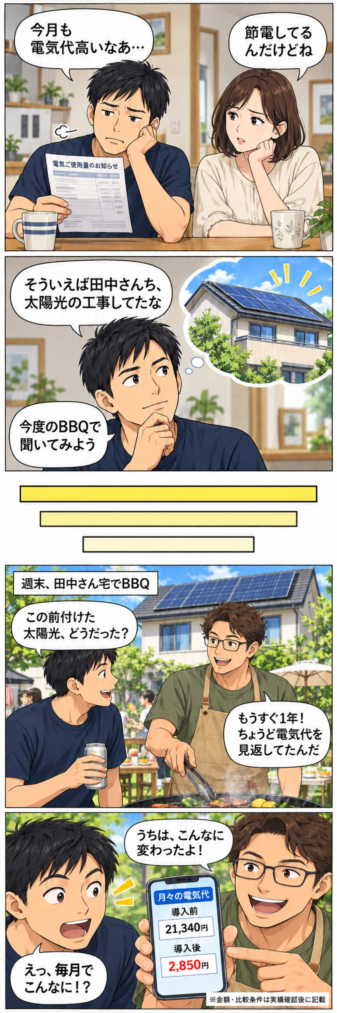 週末、田中さん宅でBBQ。この前付けた太陽光どうだった？もうすぐ1年、ちょうど電気代を見返してたんだ。
