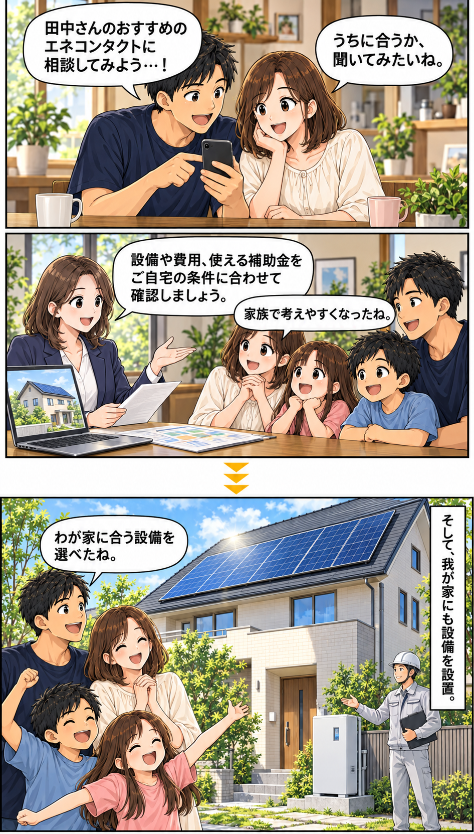 エネコンタクトに相談し、家族で設備・費用・補助金を確認して、自宅に太陽光と蓄電池を設置する漫画