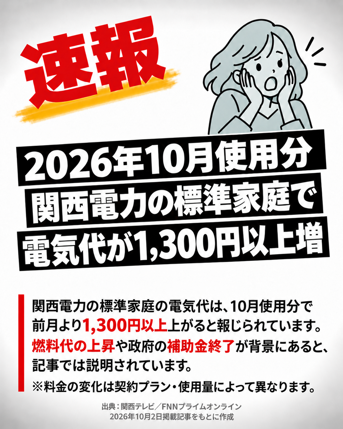 電気代についての速報：関西電力の標準家庭に関する2026年10月使用分の料金増を伝える、提供された画像